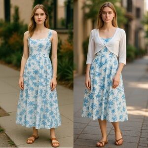 NWT JOIE COTTON SQUARE NECK 2In One Shrug Midi Dress Tree  Tree Parrot Building